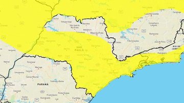 Previsão indica chuvas e ventos intensos para esta sexta (20), até a manhã de sábado (21) Alerta amarelo do Inmet adverte para chuvas intensas no litoral de SP Mapa do estado de São Paulo com indicação em amarelo de áreas com risco de chuvas intensas - Reprodução/Inmet
