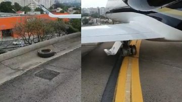 Avião de pequeno porte com pneu estourado em Congonhas, em São Paulo Avião com pneu furado Avião com pneu furado em montagem de fotos - Reprodução