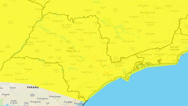 Alerta é válido até a manhã deste sábado (12) Alerta Amarelo: Inmet avisa sobre risco de chuvas intensas no estado de SP Mapa do estado de Sao Paulo com indicação em amarelo de onde deve haver chuvas intensas - Reprodução/Inmet