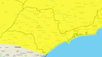 Alerta é válido até a manhã deste sábado (12) Alerta Amarelo: Inmet avisa sobre risco de chuvas intensas no estado de SP Mapa do estado de Sao Paulo com indicação em amarelo de onde deve haver chuvas intensas - Reprodução/Inmet