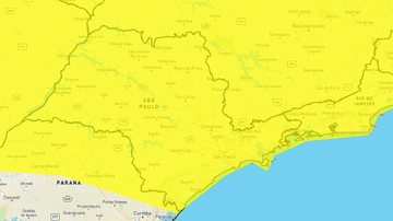 Alerta é válido até a manhã deste sábado (12) Alerta Amarelo: Inmet avisa sobre risco de chuvas intensas no estado de SP Mapa do estado de Sao Paulo com indicação em amarelo de onde deve haver chuvas intensas - Reprodução/Inmet