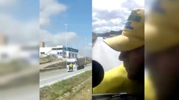 Motorista pediu para o manifestante descer de seu veículo, mas ele não quis Bolsonarista pendurado em caminhão Homem bolsonarista, de boné amarelo, pendurado em um caminhão - Reprodução
