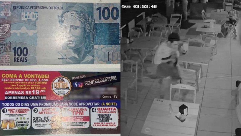 Frente e verso do panfleto e furtador flagrado por câmera de monitoramento Ladrões confundem panfletos com dinheiro vivo e acabam presos no litoral de SP - Imagens: Reprodução