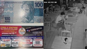 Frente e verso do panfleto e furtador flagrado por câmera de monitoramento Ladrões confundem panfletos com dinheiro vivo e acabam presos no litoral de SP - Imagens: Reprodução