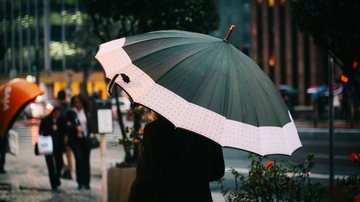 Defesa Civil de Santos alerta para o risco de alagamento Defesa Civil de Santos prevê chuvas até a próxima quinta-feira (22) na cidade Pessoa com guarda-chuva em avenida movimentada - Pexels