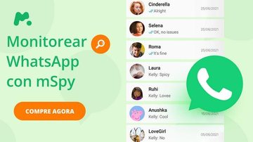 É fácil de operar e confiável, além de contar com uma interface agradável e simples de usar mSpy Captura de tela do aplicativo mSpy com fundo verde mostrando exemplos de contatos de WhatsApp - Divulgação