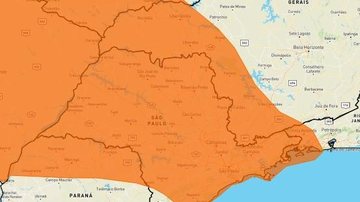 Podem ocorrer ventos intensos e queda de granizo, segundo o Inmet Inmet emite alerta laranja para tempestades em quase todo o estado de SP nesta sexta (2) Mapa do estado de São Paulo com indicação em laranja de áreas com risco de tempestades - Reprodução/Inmet