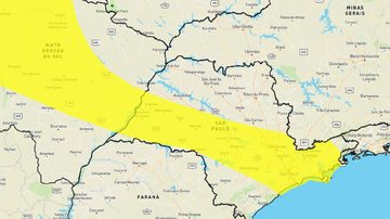 Alerta do Inmet é válido até a manhã de quinta-feira (20) Alerta amarelo: Inmet adverte para risco de tempestades no estado de SP Mapa do estado de São Paulo com indicação em amarelo de áreas com possibilidade de tempestade - Reprodução/Inmet