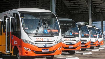 Novos micro-ônibus possuem capacidade para 23 pessoas sentadas e contam com tecnologia de menor emissão de gases poluentes Micro-ônibus Micro-ônibus em fileira em Praia Grande - Divulgação