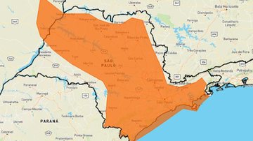 Aviso é válido até às 10 horas da manhã desta terça-feira (1º) Alerta laranja: Inmet adverte para perigo de chuvas intensas no estado de SP Mapa do estado de São Paulo com indicação em laranja de áreas com risco de chuvas intensas - Reprodução/Inmet