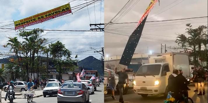 Faixa estendida irregularmente nas comunidades de Guarujá dividiu opiniões nas redes sociais Faixa Fora Bolsonaro - Reprodução redes sociais