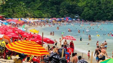 Praia Martin de Sá lotada na temporada de verão de 2020 Caraguatatuba espera receber mais de 200 mil turistas no feriadão - Imagem: Reprodução / Reginaldo Pupo / Folha Press