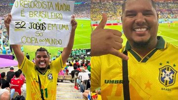 Lucas Tylty é influencer e tem 26 anos; hoje assistiu ao seu 32º jogo no Catar Lucas Tylty Homem com a camiseta do Brasil feliz no estádio do Catar - Reprodução