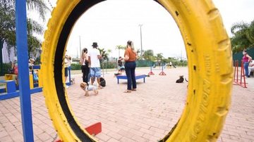 A entrada ao Parque da Cidade é gratuita; local:  R. José Bonifácio - Sítio do Campo Parque da Cidade Parque de Praia Grande com pessoas e cachorros se divertindo - Divulgação