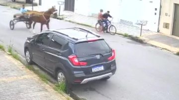 Ciclista foi roubado por homem que saltou de charrete em Guarujá Homem salta de charrete e furta ciclista em Guarujá (SP); Vídeo Ciclista sendo roubado em Guarujá - Imagem: Reprodução / Plantão Guarujá