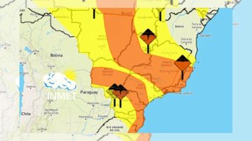 Alertas do Inmet para o estado de São Paulo são válidos até a manhã desta quarta-feira (11) Estado de SP está sob alertas laranja e amarelo para tempestades e chuvas intensas Mapa do Brasil, com destaque para o estdo de SP com marcações em amarelo e laranj - Reprodução/Inmet
