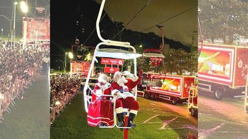 O Bom Velhinho deu uma folga para as renas nesta quarta-feira (7) Papai Noel troca trenó por teleférico em passagem pelo litoral de SP Papai e Mamãe Noel no teleférico de São Vicente - Prefeitura de São Vicente