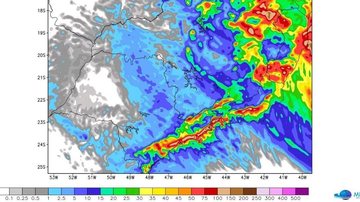 Projeção da MetSul mostra os acumulados de chuva previstos até às 21 horas da próxima sexta-feira (4) Meteorologia prevê chuva volumosa para o litoral de SP neste Dia de Finados Mapa do estado de São Paulo com indicação em cores dos locais onde haverá mais - Reprodução/MetSul