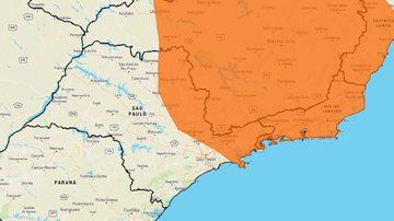 Há previsão de chuva, ventos intensos e granizo Inmet mantém alerta laranja para tempestades no Litoral Norte de SP Mapa do estado de São Paulo com indicação em laranja de áreas com risco de tempestades - Reprodução/Inmet