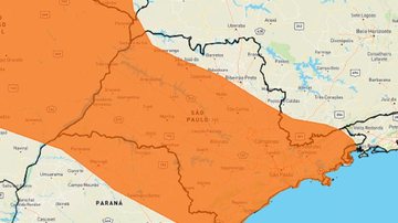 Previsão do Inmet indica chuva, ventos intensos e granizo Inmet emite alerta laranja de tempestades para o litoral de São Paulo Mapa do estado de São Paulo com indicação em laranja de áreas propensas à tempestades entre esta segunda (14) e a madrugada de t - Reprodução/Inmet