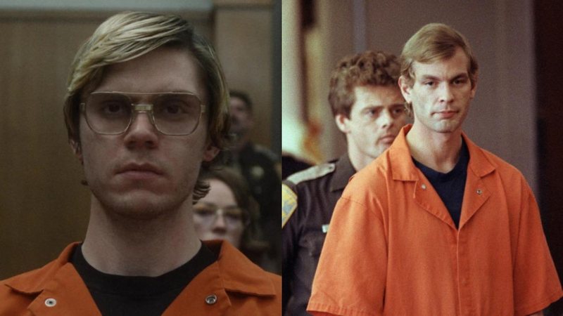 A série foi criada por Ryan Murphy e estrelada por Evan Peters (à esquerda); Jeffrey Dahmer em um dos momentos do julgamento à direita Jeffrey Dahmer Homem loiro com óculos de grau à esquerda e sem óculos à direita - Reprodução/Internet