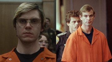 A série foi criada por Ryan Murphy e estrelada por Evan Peters (à esquerda); Jeffrey Dahmer em um dos momentos do julgamento à direita Jeffrey Dahmer Homem loiro com óculos de grau à esquerda e sem óculos à direita - Reprodução/Internet