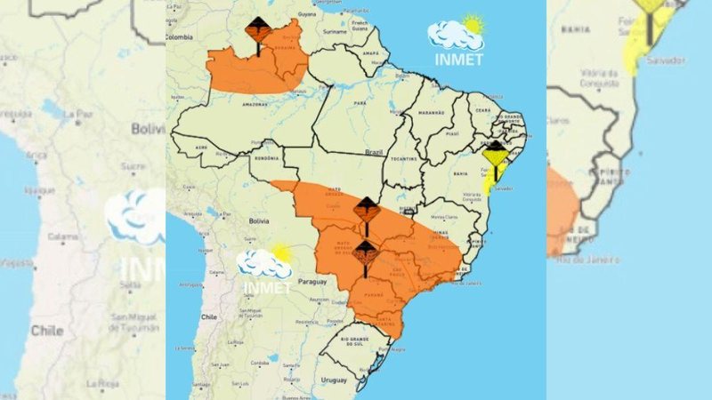 Alerta é válido até a manhã desta quarta-feira (4) Estado de SP está sob alerta laranja do Inmet para tempestades e chuvas intensas Mapa do Brasil com indicação em laranja das regiões com risco de chuvas intensas e tempestades - Reprodução/Inmet