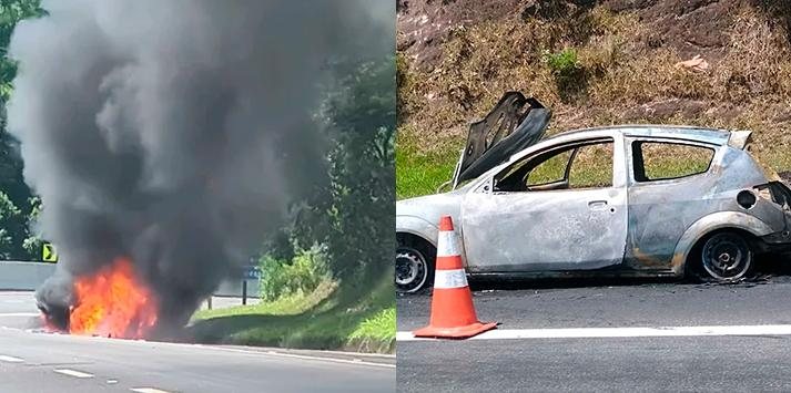 Incidente aconteceu por volta das 10h desta quarta (18) em Caraguatatuba Carro em chamas - Reprodução Michele Toledo / Eunice Souza