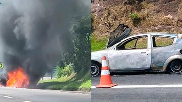 Incidente aconteceu por volta das 10h desta quarta (18) em Caraguatatuba Carro em chamas - Reprodução Michele Toledo / Eunice Souza