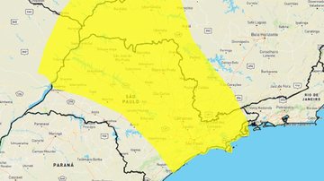 Há previsão de chuvas, ventos intensos e queda de granizo, segundo o Inmet Alerta amarelo: Inmet adverte para risco de tempestades no litoral de SP Mapa do estado de São Paulo com indicação em amarelo de áreas com risco e tempestade, de acordo com o Inmet - Reprodução/Inmet
