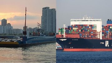 Travessias será interrompida, por conta da entrada do navio APL Yangshan, de Singapura, no Porto de Santos. Travessias de balsas - Divulgação/Governo do Estado de São Paulo;HannesvanRijn/fleetmon
