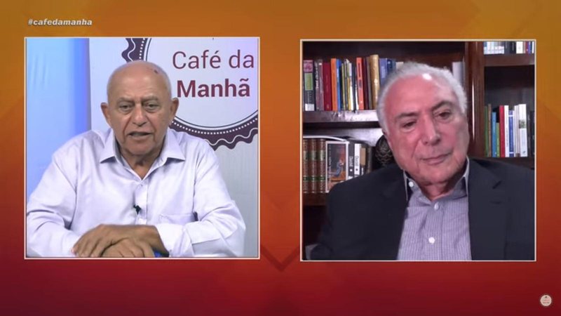 Michel Temer falou do governo Lula e fez uma breve análise sobre o bolsonarismo CAFÉ DA MANHÃ Tela dividida entre Riba Zaidan e Michel Temer - Reprodução TV Cultura Litoral