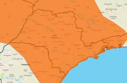 Segundo o Inmet, há risco de corte de energia elétrica, queda de galhos de árvores, alagamentos e de descargas elétricas Alerta laranja do Inmet adverte para chuvas intensas em todo o estado de SP Mapa do estado de SP com indicação em laranja para alerta d - Reprodução/Inmet