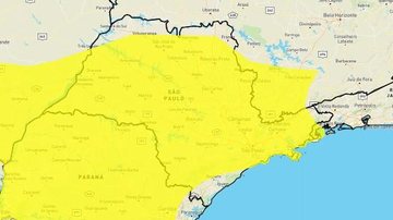 Alerta amarelo do Inmet é válido até a manhã desta terça-feira (14) Semana começa com alerta amarelo do Inmet para chuvas intensas Mapa do estado de SP com indicação em amarelo de áreas com risco de chuvas intensas - Reprodução/Inmet