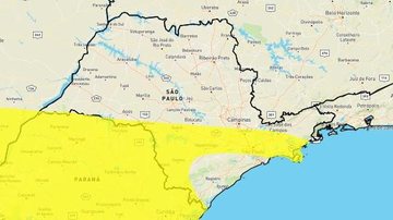Alerta é válido também para a Grande São Paulo Litoral Norte de SP está sob alerta amarelo para tempestades Mapa do estado de SP com indicação em amarelo de áreas com risco de tempestades - Reprodução/Inmet