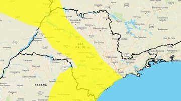 Alerta amarelo abrange o litoral sul paulista e parte da Baixada Santista Litoral de SP segue sob alertas amarelo e laranja para tempestades Mapa do estado de SP com indicação em amarelo de áreas com risco de tempestade - Reprodução/Inmet