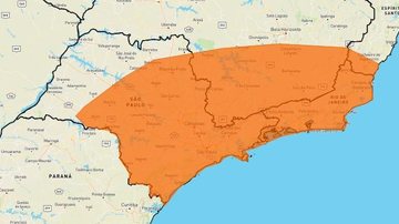 Alerta laranja foi emitido na manhã desta terça-feira (14) pelo Inmet Litoral de SP está sob alerta laranja para tempestades, ventos e queda de granizo Mapa do estado de SP com indicação em laranja de àreas com risco de tempestades - Reprodução/Inmet