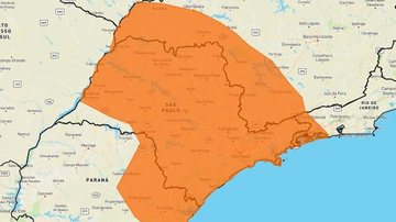 Avido do Inmet  é válido até a manhã desta segunda-feira (6) Alerta laranja para tempestades abrange quase todo o estado de SP neste domingo (5) Mapa do estado de SP com marcação em laranja de áreas com risco de tempestades - Reprodução/Inmet