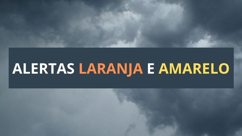 Litoral sul tem previsão de tempestades, enquanto a Baixada Santista e o Litoral Norte devem sofrer com chuvas intensas Litoral de SP está sob alerta amarelo e laranja para tempestades e chuvas intensas Imagem de céu carregado com faixa no centro com a men - Montagem/Canva