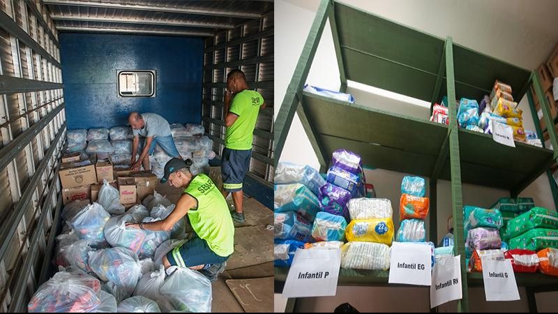 Dois caminhões saíram com kits de alimentos, itens materiais de higiene pessoal e medicamentos Corrente do Bem Praia Grande - Divulgação PMPG