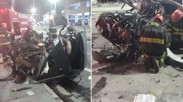 Testemunhas e socorristas encontraram uma Bíblia próxima ao automóvel Jovem sofre grave acidente, sobrevive, e Bíblia é encontrada ao lado do carro destruído | Guarujá Carro destruído sendo cercado por socorristas - Reprodução/Plantão Guarujá