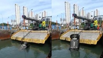 Departamento Hidroviário informou que o motorista do veículo tentou passar por uma rampa que estava bloqueada para acesso de veículos quando caiu no mar Em Santos, carro erra entrada da balsa e cai no mar - Foto: Redes Sociais