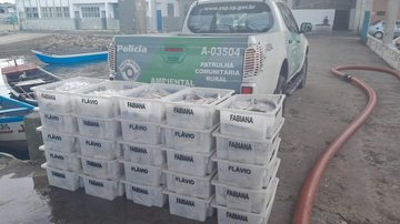 Pescados apreendidos foram doados para instituições de caridade Flagrante de pesca irregular no litoral sul gera mais de R$ 160 mil em multas Caixas com os pescados apreendidos e viatura da Polícia Militar Ambiental Marítima - Polícia Militar Ambiental Marítima