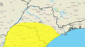 Litoral sul e Baixada Santista estão sob alerta amarelo para tempestades Estado de SP está sob alertas amarelo e laranja para tempestades Mapa do estado de SP com indicação em amarelo de área com risco de tempestades - Reprodução/Inmet