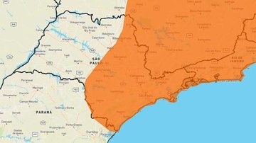 Todo o litoral de São Paulo está sob alerta laranja de chuvas intensas Litoral de SP está sob alerta laranja para chuvas intensas Mapa do Estado de SP com indicação em laranja de áreas com risco de chuvas intensas - Reprodução/Inmet