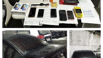 Itens encontrados com suspeito Receptador de celulares roubados é preso em Guarujá Itens roubados - Imagem: Divulgação / Polícia Civil