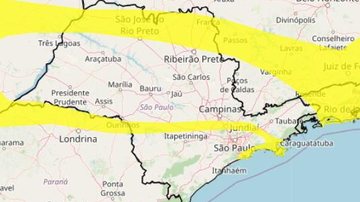 Para parte da Baixada Santista e Litoral Norte, o alerta do Inmet é amarelo (Perigo Potencial) Litoral de SP permanece em alerta para chuvas intensas Mapa do estado de SP com indicação em amarelo de áreas com risco de chuvas intensas - Reprodução/Inmet