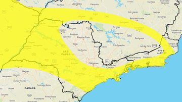 De acordo com o Inmet, chuva pode ser acompanhada de ventos intensos Litoral de SP está sobe alerta amarelo de tempestades Mapa do estado de São Paulo com indicação em amarelo de áreas com risco de tempestade - Reprodução/Inmet