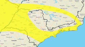 De acordo com o Inmet, chuva pode ser acompanhada de ventos intensos Litoral de SP está sobe alerta amarelo de tempestades Mapa do estado de São Paulo com indicação em amarelo de áreas com risco de tempestade - Reprodução/Inmet