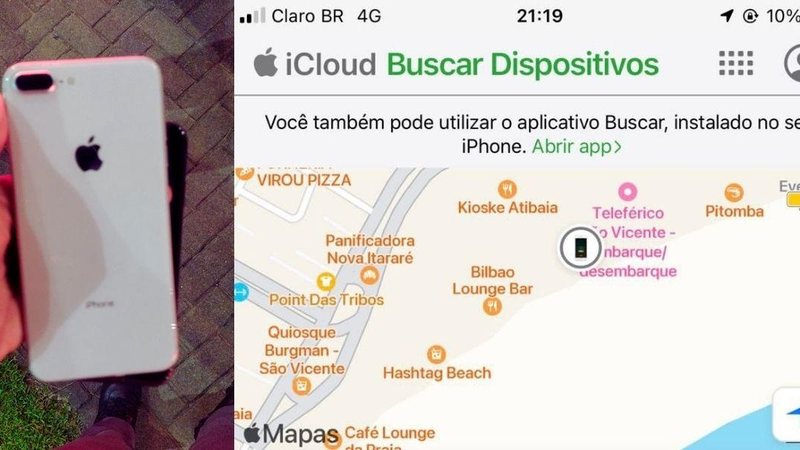 Por se tratar de um aparelho IPhone, a vítima conseguiu rastrear a localização do aparelho via iCloud Mulher consegue recuperar celular furtado por meio da localização de GPS na nuvem Imagens do IPhone recuperado e da localização do aparelho por GPS - Reprodução/Facebook "Viver em Santos e Região: Comunicados"